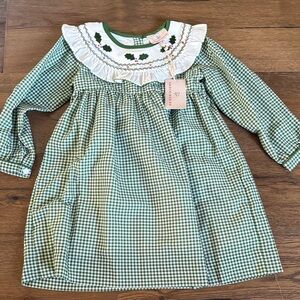 Charming Green Checkered Kids Dress with Ruffled Collar